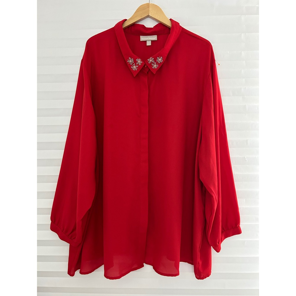 Woman Within Red Beaded Blouse Long Sleeve Button Down Tunic Shirt 5X 38/40